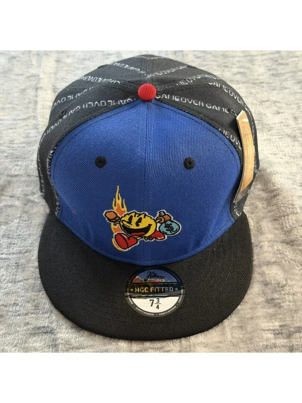 Headgear Classics Pac-Man Money Bag Fitted Hat Size 7 3/4 Blue Black Game Over